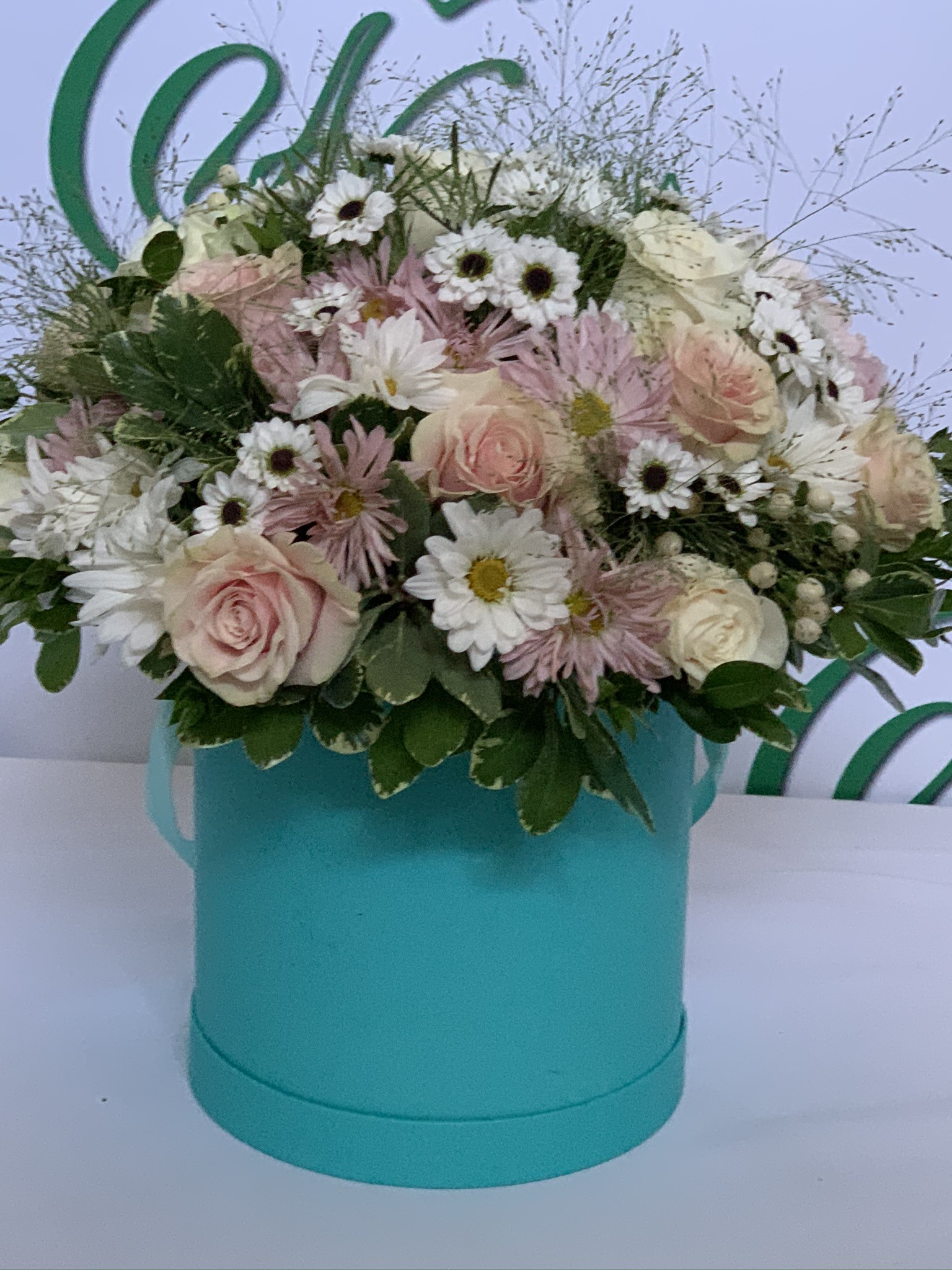 Flowers in Sky Blue Bucket